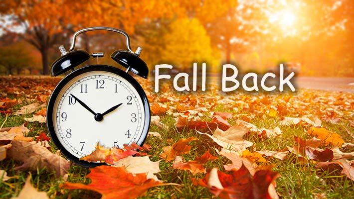 An alarm clock in a field surrounded by leaves with text that reads Fall Back.