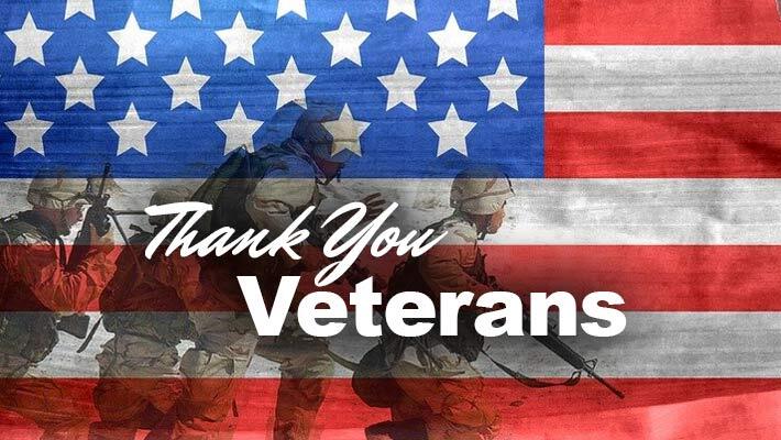 American flag with soldiers in the background with text that reads, Thank You Veterans.