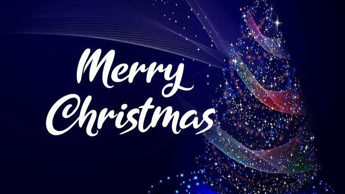 Digital dots and swirls in the shape of a Christmas tree with text that reads Merry Christmas.