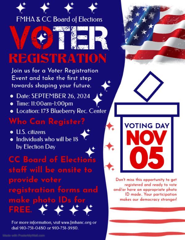 FMHA Voter Registration Flyer. All information from this flyer is listed above.